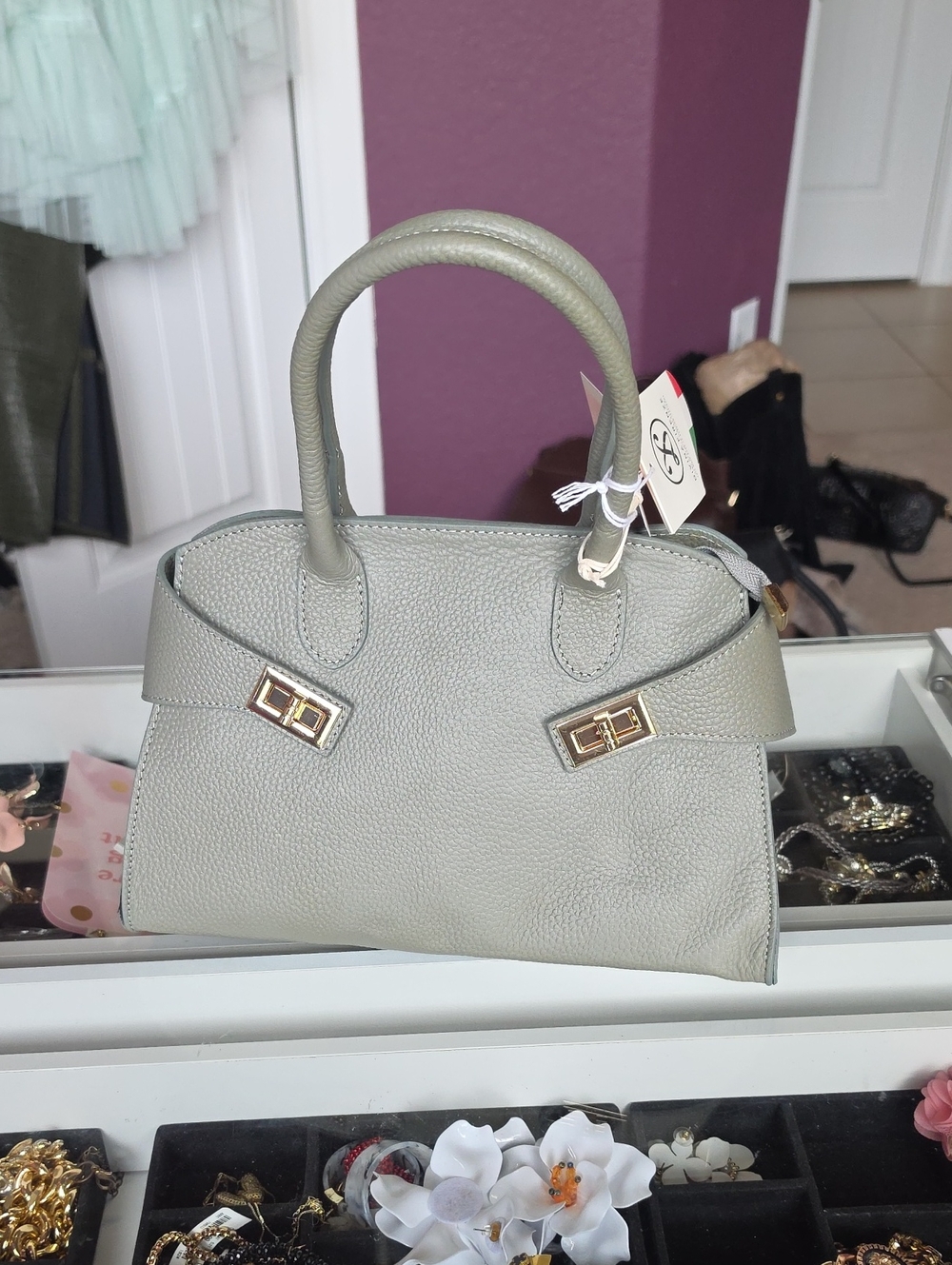 Pebbled Leather Satchel Handbag in Light Gray
